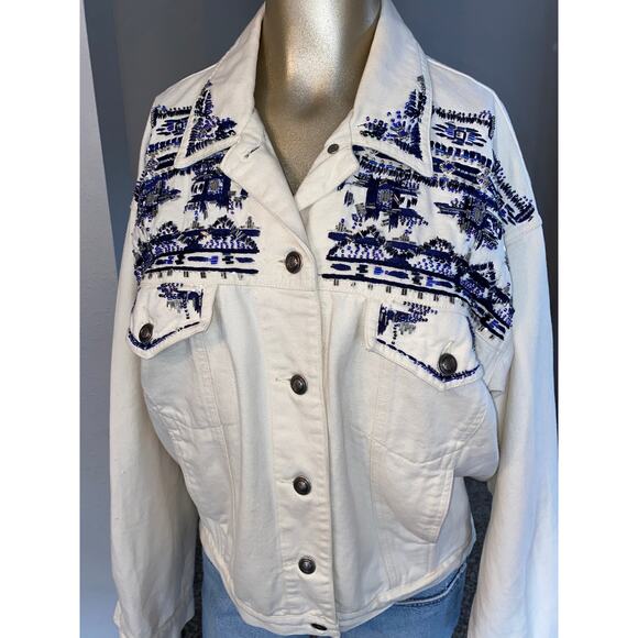CAROL LITTLE SPORT Denim Jacket Embroidered Beaded Retro women 8 Oversized - Picture 3 of 9
